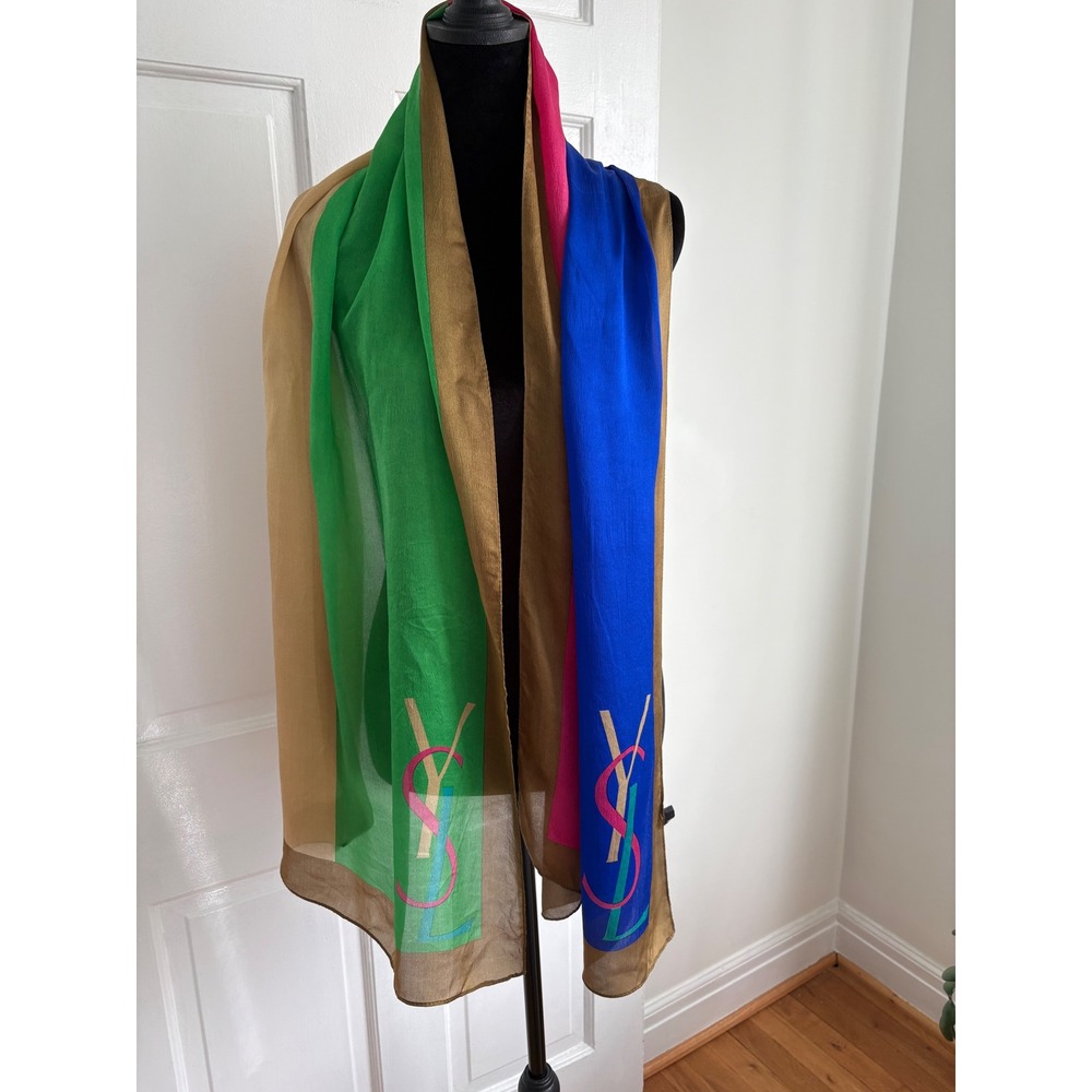 Vintage Yves Saint Laurent Rive Gauche Silk Scarf Colorblock Logo Green Blue